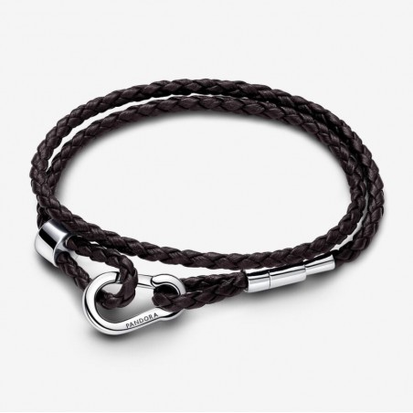 Double bracelet en cuir tressé brun Pandora Moments